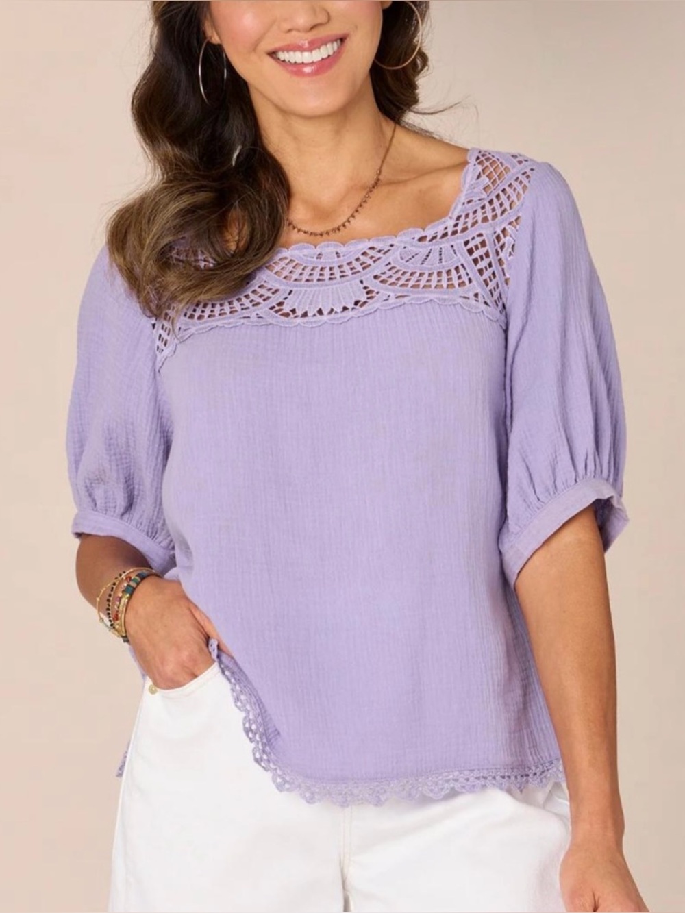 Democracy Banded Bubble Sleeve Square Crochet Neck Top Blouse Lilac Plus Size 3X